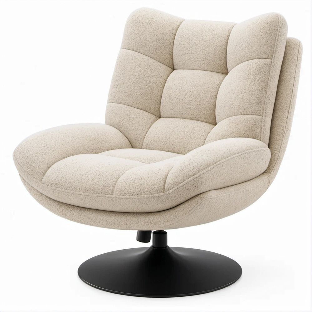 Poltrona giratória em bouclé bege com base preta, 82 x 86 x 92 cm