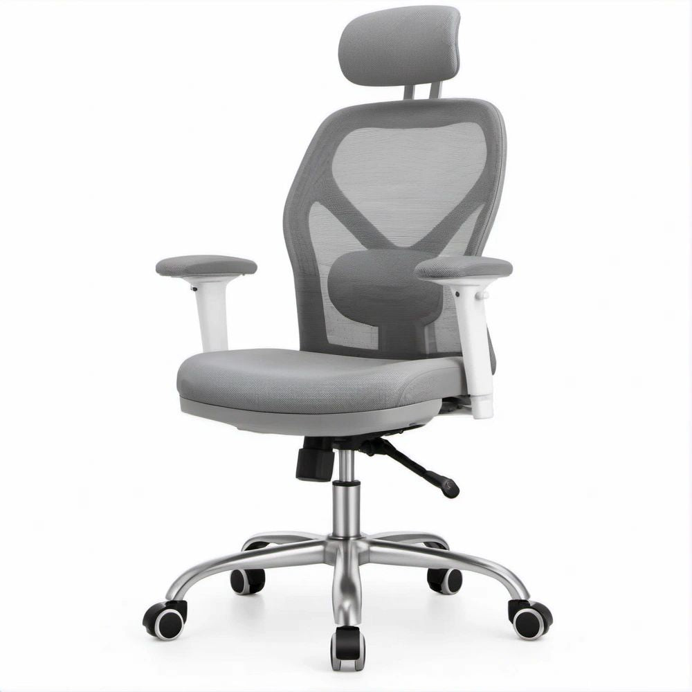 Cadeira de Escritório Ergonómica Cinzenta com Encosto em Rede, Apoio de Cabeça e Rodas, 65 x 65 x 118-128 cm