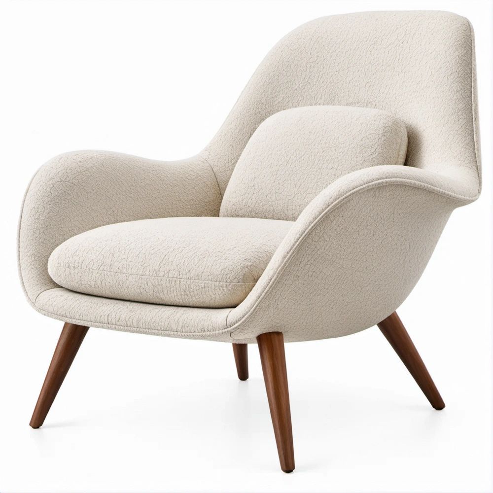 Poltrona Lounge Envolvente em Tecido Bouclé Bege com Pernas de Madeira Castanha, 78 x 82 x 98 cm
