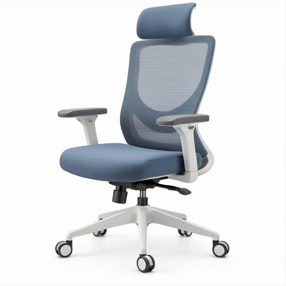 Cadeira de Escritório Ergonómica Azul com Encosto em Malha, Apoio de Cabeça e Rodízios 64 x 64 x 116-126 cm
