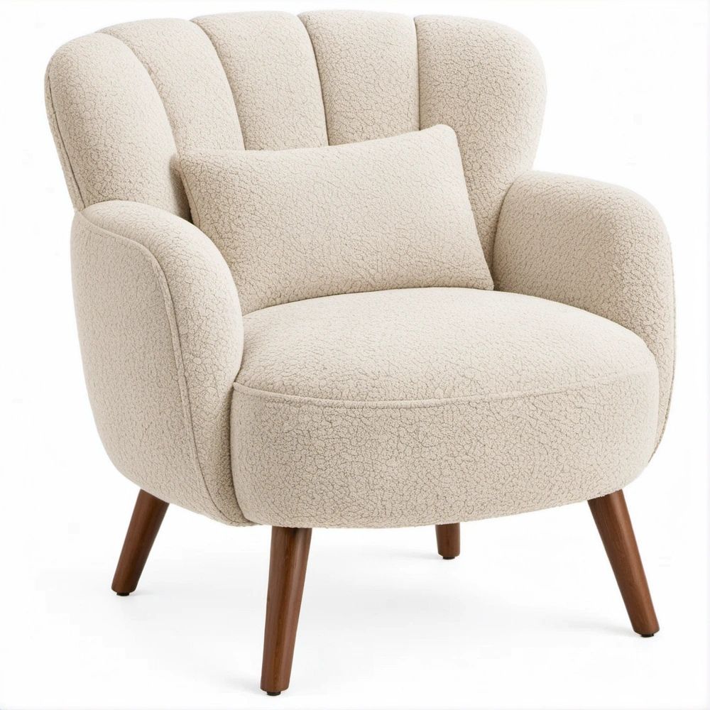 Poltrona Bouclé Bege com Pés em Madeira Castanha, 82 x 78 x 96 cm