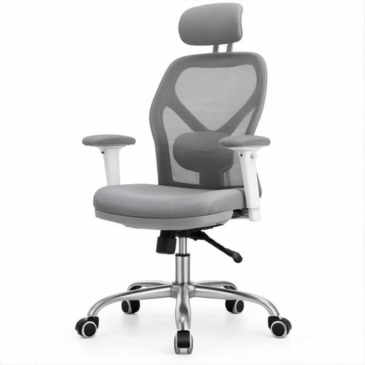 Cadeira de Escritório Ergonómica Cinzenta com Encosto em Rede, Apoio de Cabeça e Rodas, 65 x 65 x 118-128 cm