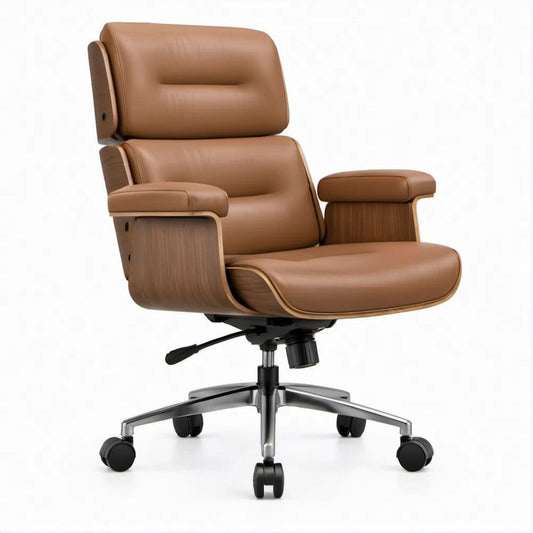 Cadeira Executiva Reclinável Castanha e Nogueira em Couro Sintético PU com Apoio de Cabeça, 68 x 68 x 118-128 cm