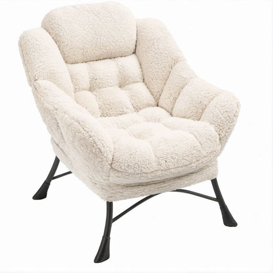 Poltrona Lounge em Bouclé Creme com Pernas em Aço Preto, 76 x 85 x 98 cm