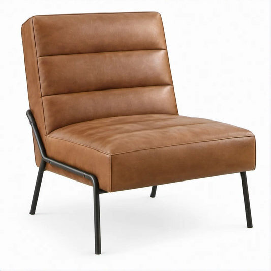 Poltrona Lounge Castanha em Pele Sintética PU com Estrutura em Aço Preto 70 x 78 x 86 cm
