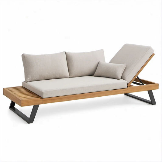 Espreguiçadeira Reclinável de Exterior em Teca com Almofadas Bege 200 x 80 x 65 cm